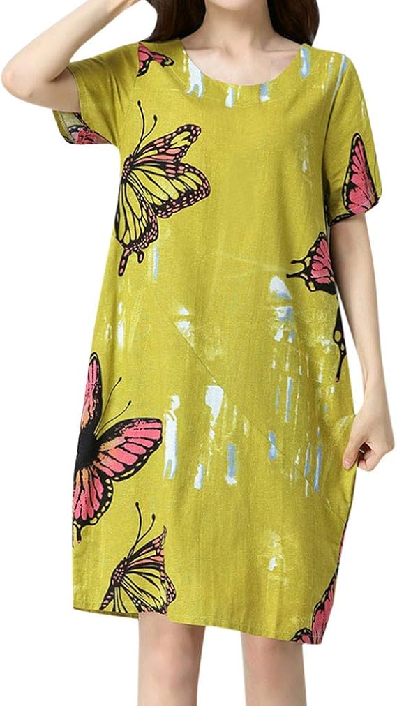 Amazon レディース ファッション 夏 春 半袖 蝶プリント ミディ ロング ワンピース コットン リネン ストレート 膝丈 ポケット付き ルーズ ｔシャツ サンドレス ハイウエスト 上品 ゆったり 韓国風 エレガント カジュアル 日常 旅行 二次会 ワンピース チュニック 通販