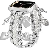 Pearl Beaded Bands Compatible with Apple Watch 38 40 41 42 44 45 46 49mm Women,Cuban Chain Wristband with Cute Charms Pendants for iWatch Series 10 9 8 7 6 5 4 3-1 Ultra SE