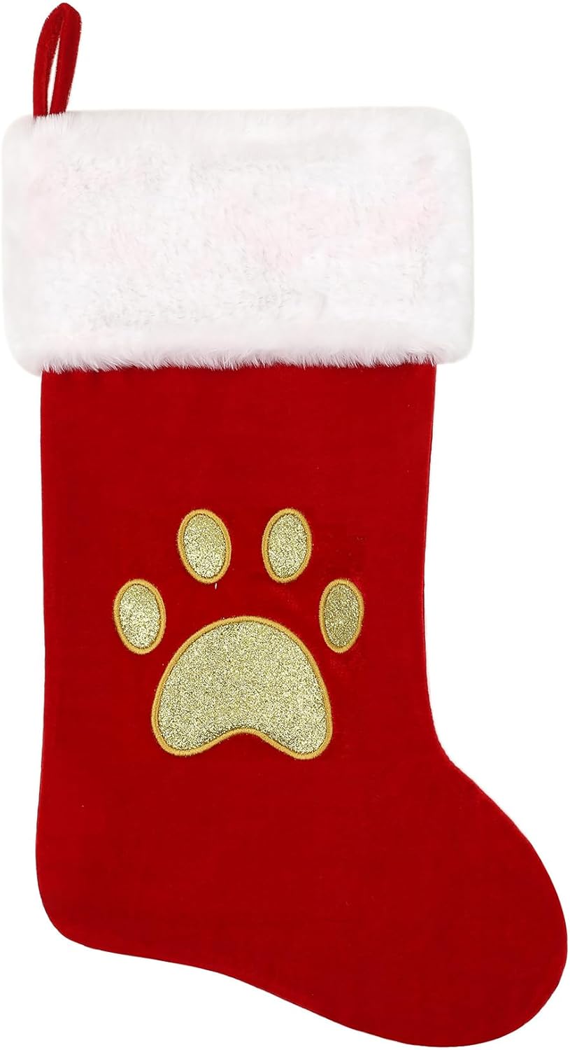 Stockings & Holders - Tokforty 20 Inches Red Velvet with White Super Soft Plush Cuff Christmas Stockings, Xmas Personalized Embroidered Pets Paw Stockings for Family Holiday Decorations and Xmas Tree Fireplace