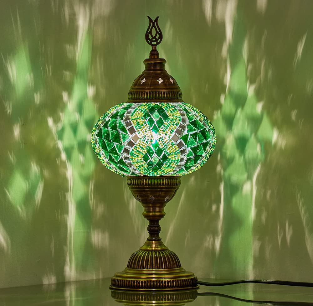 DEMMEX Turkish Moroccan Mosaic Table Bedside Night Lamp, Tiffany Style Colorful Handmade Glass Mosaics Unique Oriental Exotic Table Lamp, 16cm Big Size Globe, 36cm Height, Handmade in Turkey (Green)
