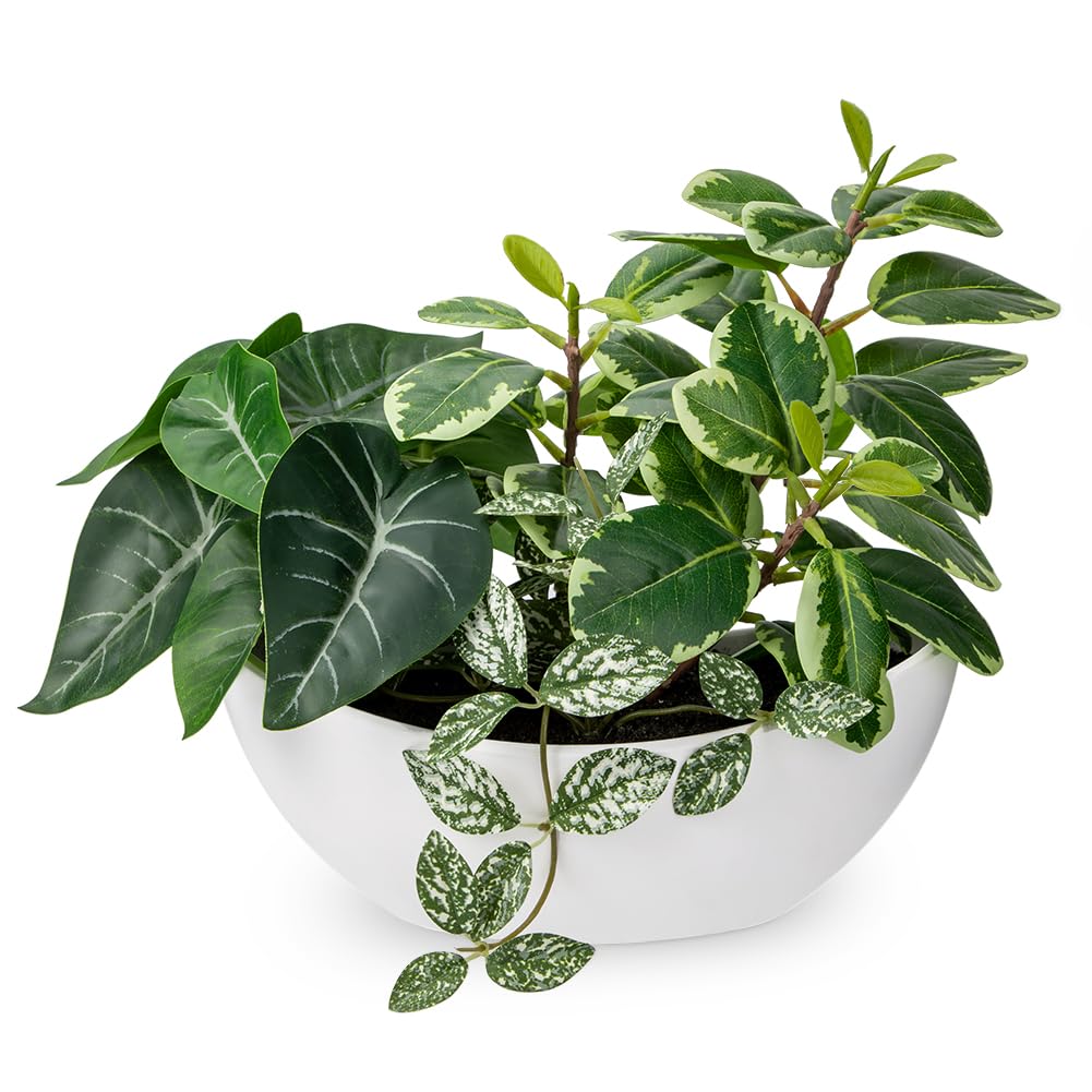 Hollyone 30CM Mixed Artificial Plants in White Pot, Decorative Fake Plants with Boat Pot, Faux Plants Indoor for Home Decor, Bedroom, Bathroom, Kitchen, Bathroom, Shelf, Desk, Office Decorations