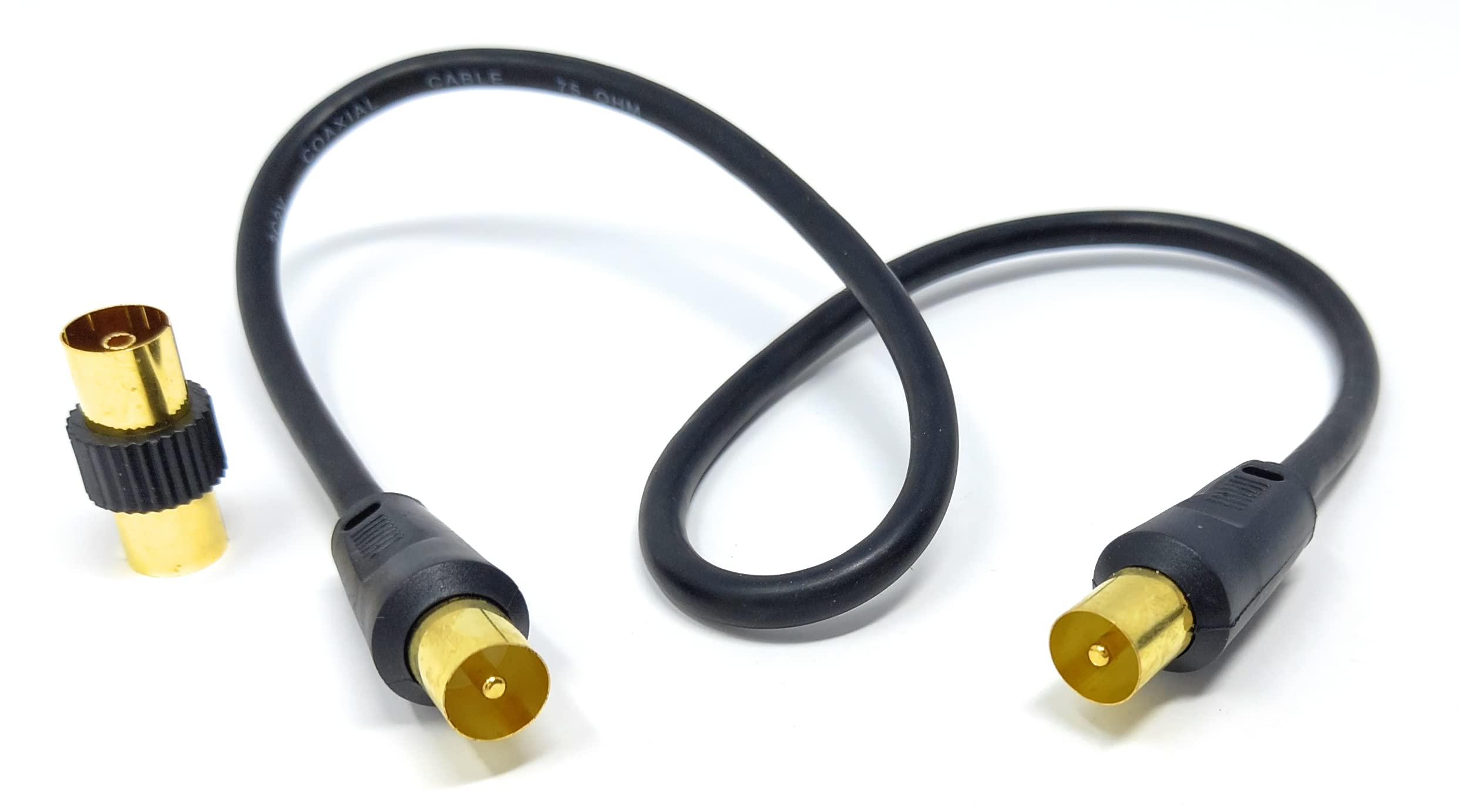 DRUT 50cm TV RF Male to Male Aerial Antenna Coaxial Cable With Female to Female Coupler, Gold Connectors 75 ohm, 3C2V 1.6ft Black