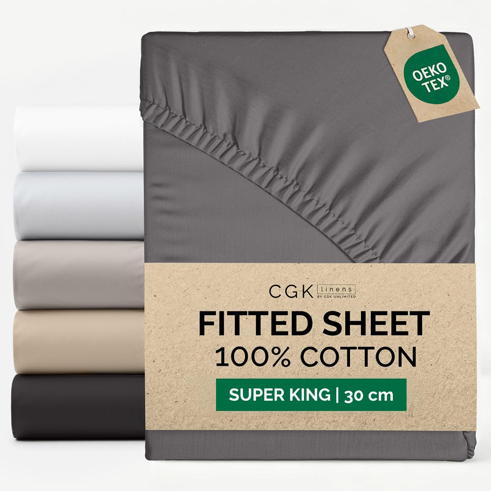 Super King Fitted Sheet 180x200 cm - 100% Cotton Sateen 400 Thread Count - Deep Fitted Sheet for Mattresses up to 30 cm (12")- Soft, Breathable & Wrinkle Free - Hotel Quality - OEKO-TEX - Dark Grey