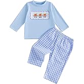 Arvbitana Toddler Baby Boy Halloween Ghost Pumpkin Outfit Long Sleeve Embroidery Tshirt Gingham Pants 2 Piece Smocked Clothes