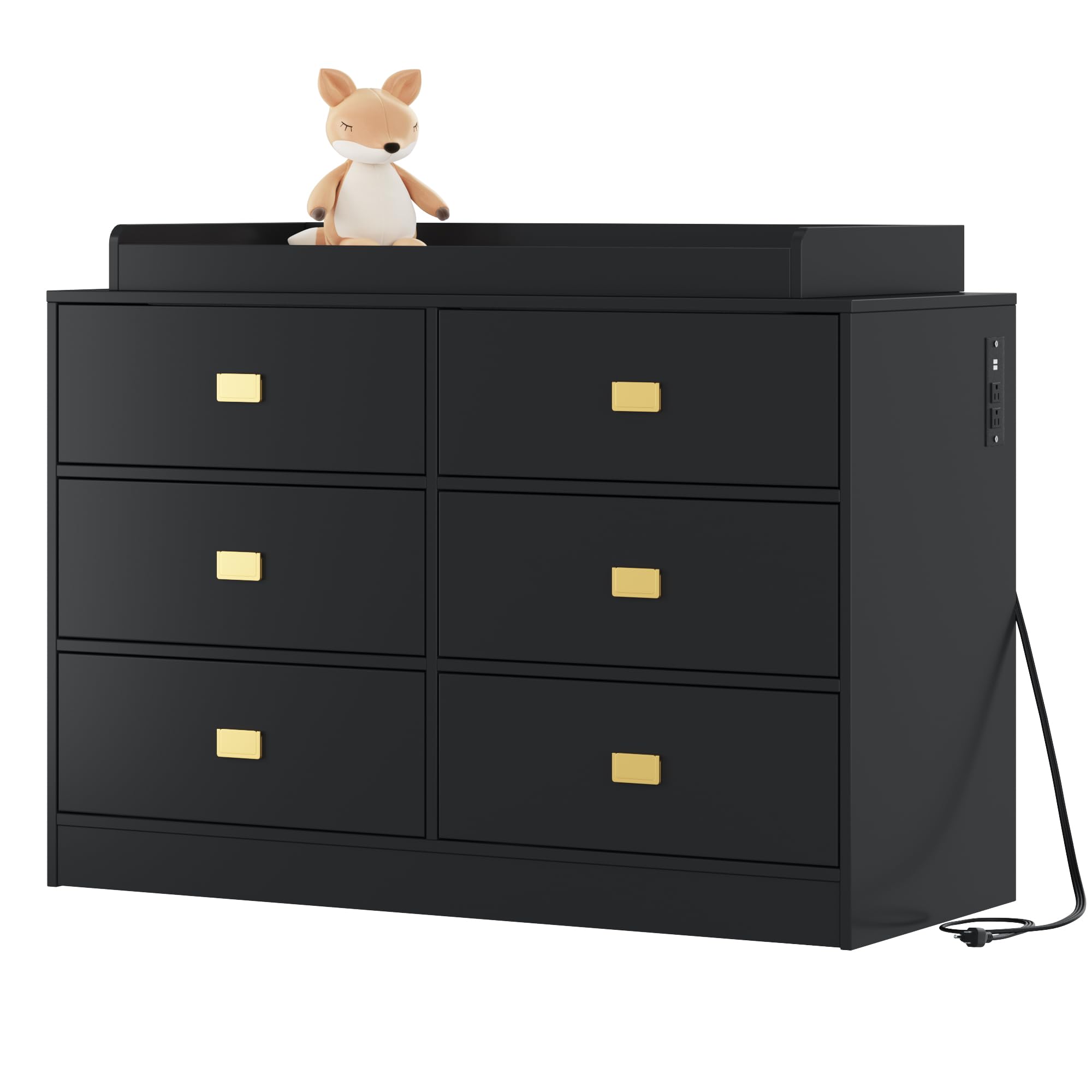 Photo 1 of Changing Table Dresser with 6 Drawers, Changing Dresser with Power Outlets, Baby Dresser with Changing Table Top, Nursery Dresser Diaper Changing Station with Soft Changing Pad & Removable Top, Black