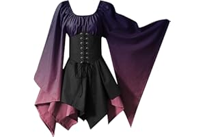 KEGIRLOM Women's Medieval Renaissance Dress Costume Flare Sleeve Corset Skirt Overskirt Elven Archer Irish Over Gown 2pcs Set