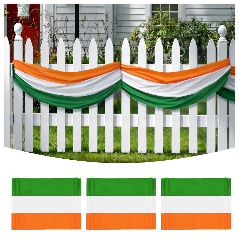 LinaGarten 3Pack St Patrick's Day Bunting Flags 2x20 Ft Irish Green White Orange Stripe Banner Ireland Patriotic Decorate Half Fan Flag Outside Décor Garden Porch Image