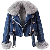 Ru Sweet Womens Winter Removable Faux Fur Lined Denim Jacket Short Cropped Jean Jacket Overcoat