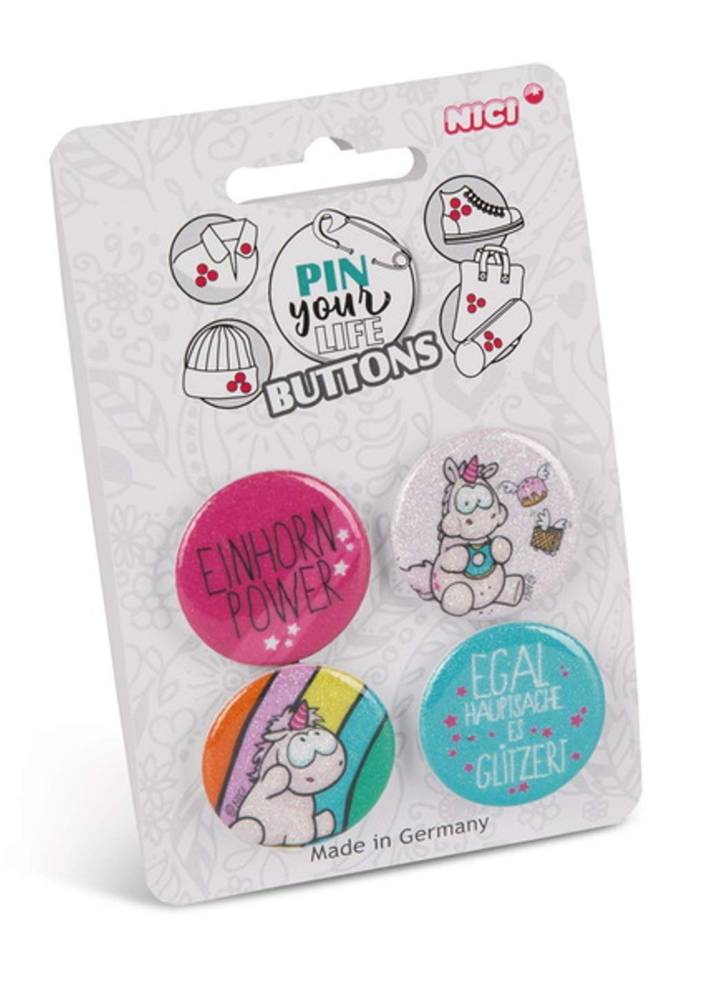 Nici 46453 Theodor & Friends Einhorn-Buttons Ø 32 mm, 4er-Set auf Headercard