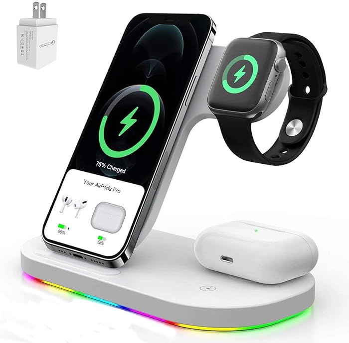 Wireless Charger, 3 in 1 Wireless Charging Station Charger Stand Qi-Certified Fast Charging Dock for iPhone 12/11/11Pro/ 11 Pro Max/XS/XR/X/8/8 Plus, iWatch Series 6/5/4/3/2, AirPods 2/Pro