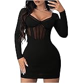 Floerns Women's Sweetheart Neck Mesh Corset Dress Long Sleeve Club Bodycon Mini Dress