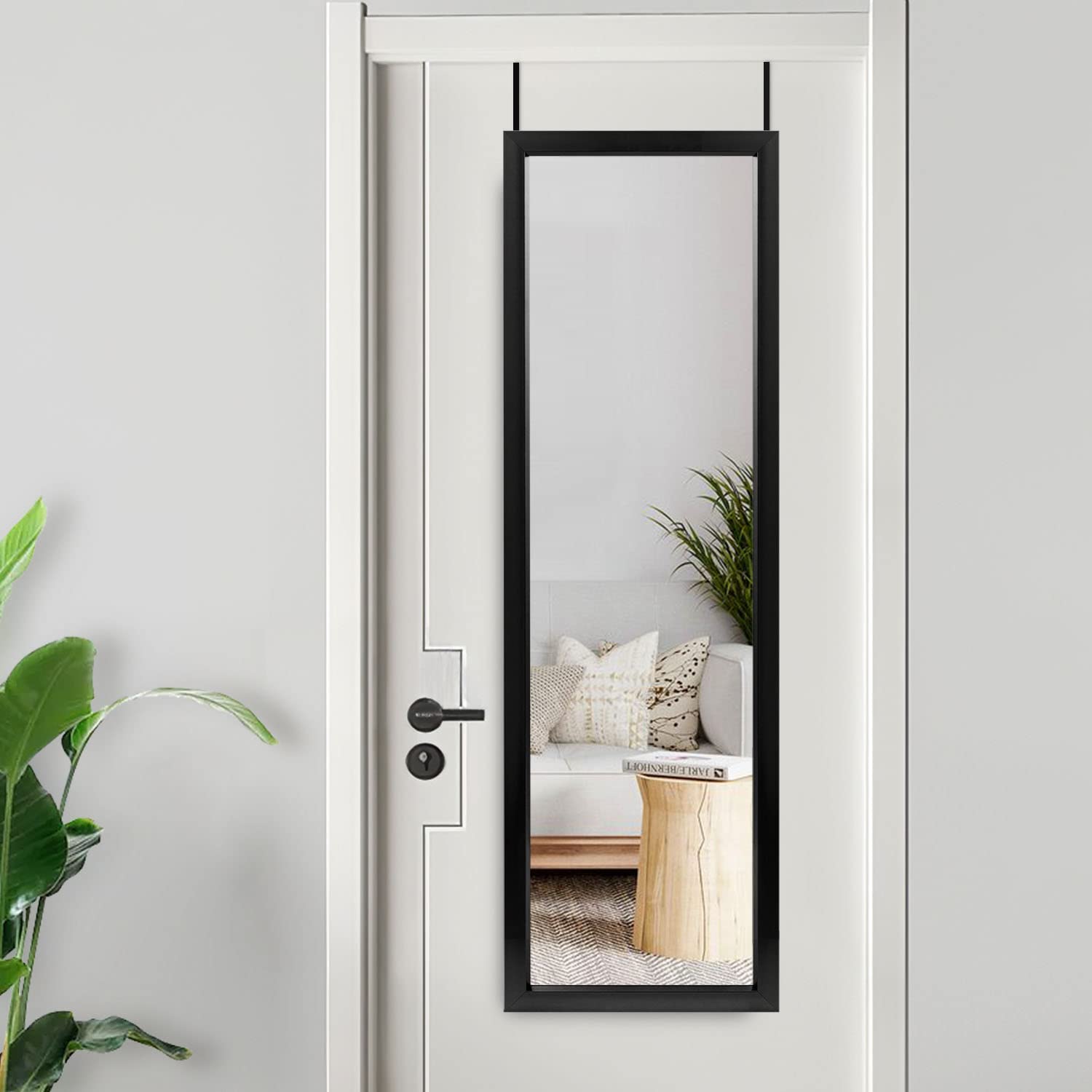 MIRUO Over The Door Mirror Full Length Mirror with Hanging Brackets, Hanging Over Door, Door Mirror Full Length Mirror Over The Door, 55"x16", Black (JJ01412AAF- AM002) Image