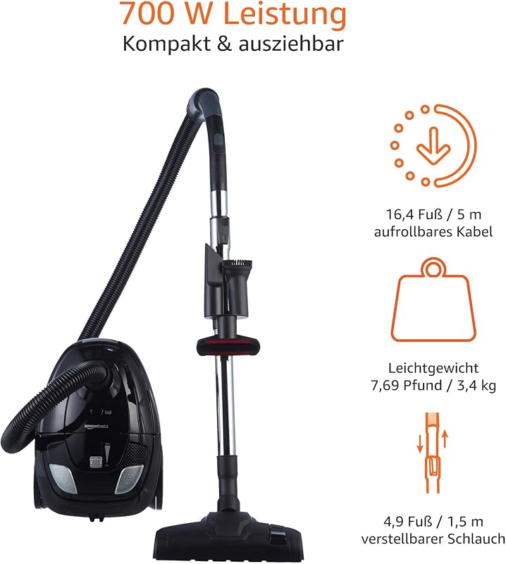 Staubsauger mit Beutel- VCB35B15C-1J7W-70, leistungsstark, kompakt und leicht, für Hart- und Teppichböden, HEPA-Filter, 700 W, 1.5 l, EU, Schwarz
