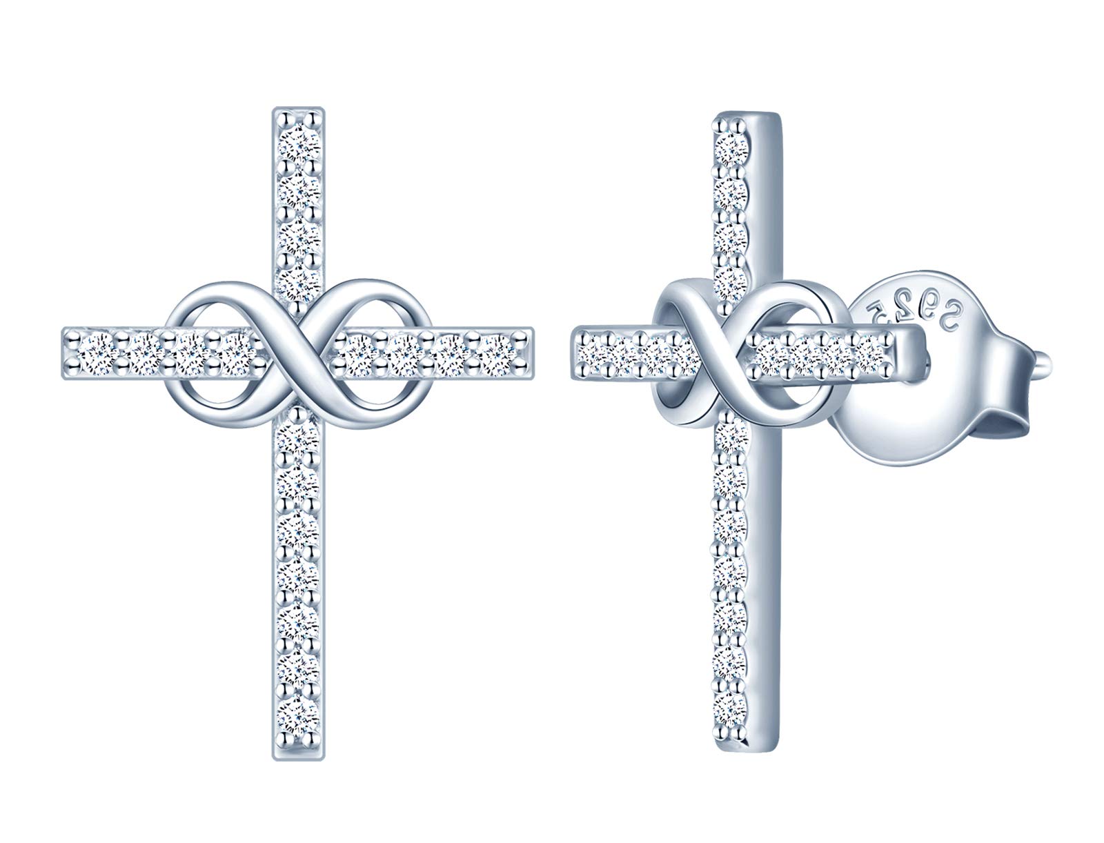 INFINIONLY Women's Earrings Studs, 925 sterling silver Jewellery Sets, Infinity symbol and cross earrings, Inlaid zircon, silver, Christmas Mother's Day and Birthday gift