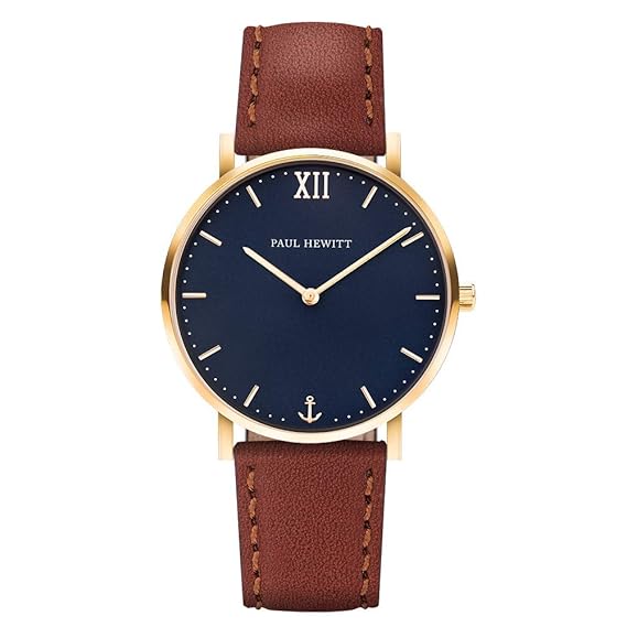 PAUL HEWITT Herren Armbanduhr Sailor Line Blue Lagoon IP Gold mit Lederband in Braun