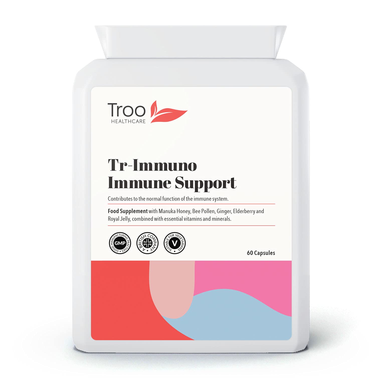 Troo Health Care Tr-Immuno Immune Support Supplement 60 Capsules - Essentia Immunity Vitamins Minerals & Botanicals - Vitamin C & D3 - Zinc - Manuka Honey - Bee Pollen - Royal Jelly - Elderberry