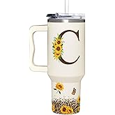 Personalized Birthday Gifts For Women - Sunflowers Monogrammed Cup For Boss Day, Christmas - Customized Gifts For Women, Mom, Wife, Coworkers, Boss Lady, Her - Custom Tumbler With Handle 40oz