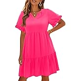 Pinup Fashion Plus Size Summer Dress - Casual Babydoll Tunic V Neck Short Ruffle Sleeve Tiered Dresses