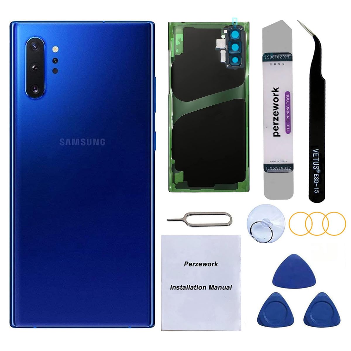 Photo 1 of Perzework OEM Rear Back Glass Replacement for Samsung Galaxy Note 10+ Plus 6.8 inches 5G with Reparing Toolkit and Pre-Installed Adhesive (Aura Blue)