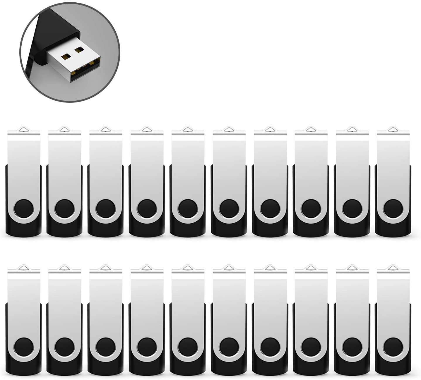 RAOYI 20Pack USB Stick 4GB Memory Stick USB 2.0 Flash Drive Swivel Design Pen Drive Thumb Drive with LED Indicator for PC, Laptop, Printer, TV, Car (4GB, Black)