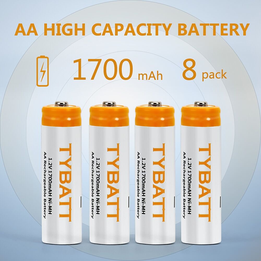 8 Stck Vorgeladene NiMh AA Typ Akkus,TYBATT Wiederaufladbar Akku (1700mAh Kapazität,1200 Zyklen)