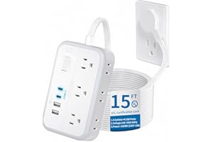 Flat Extension Cord 15 ft, NTONPOWER Surge Protector Power Strip with 6 Widely Outlets 4 USB Ports(2 USB C), Flat Plug, Wall Mounted, Side Outlet Extender for Indoor, Home Office, Dorm Room Essentials