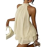 Narecte Womens Summer Dresses Halter Tie Mini Dress with Built-in Shorts, Chiffon Elegant Backless A-Line Sundress