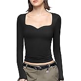 PUMIEY Women's Long Sleeve T Shirts Sweetheart Neck - Slim Fit Going Out Tops Sexy Basic Tee Smoke Cloud Pro Collection