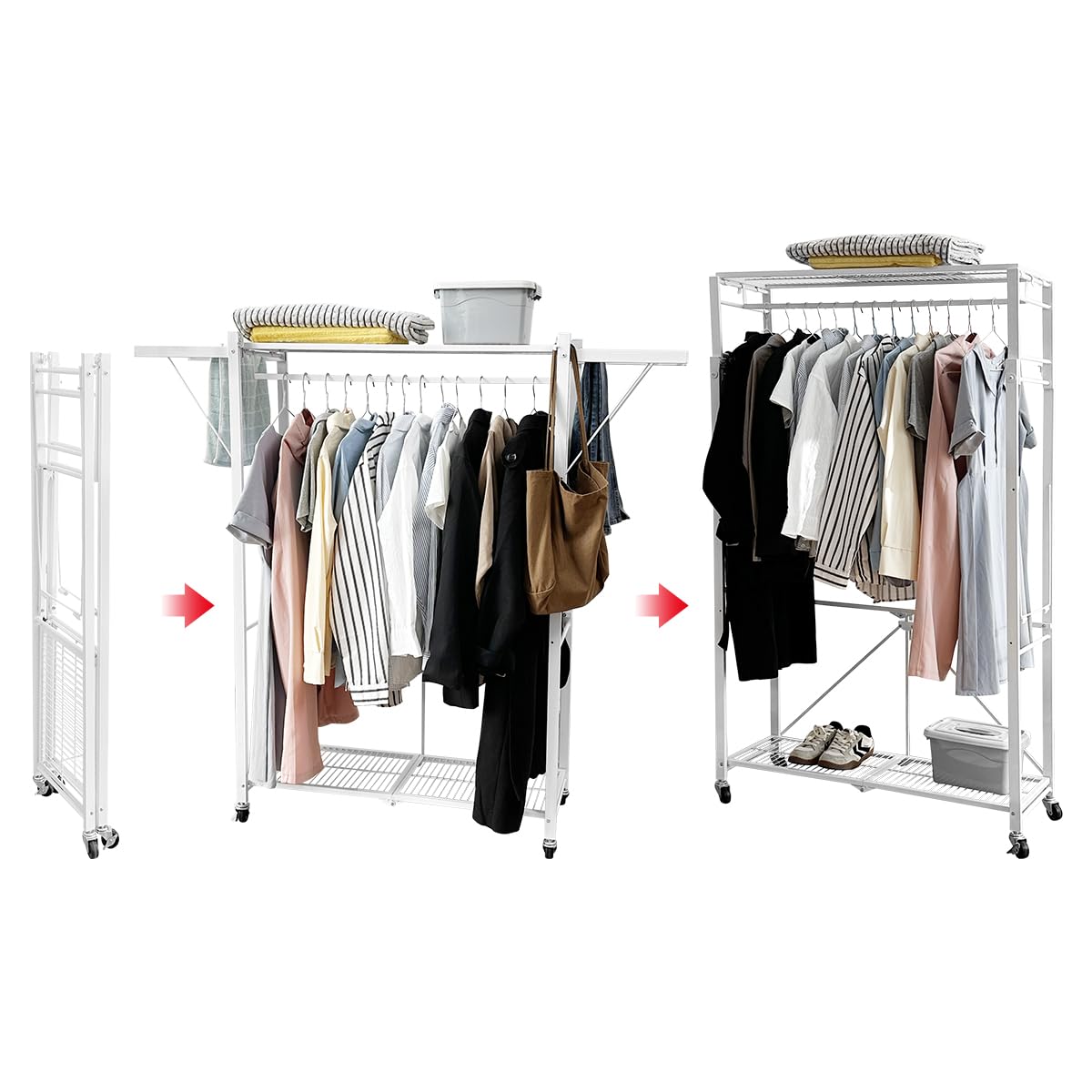 Photo 1 of ***UNKOWN MISSING PIECES / POSSIBLY FOR PARTS**** lumizone Folding Clothing Rack with Wheels Expandable Wardrobe Portable Clothes Rack for Hanging Clothes Adjustable Closet Shelves Garment Rack Durable Closet Racks for Hanging Clothes(White)