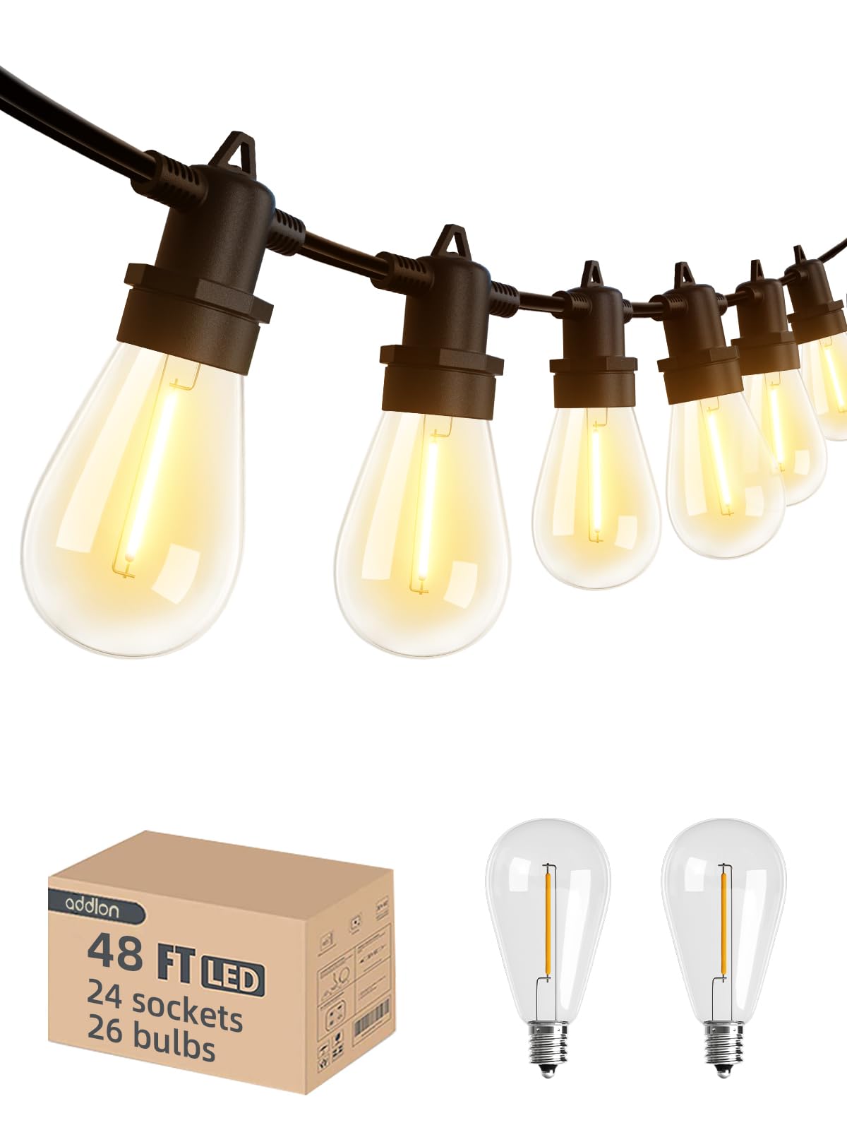 Photo 1 of addlon 48FT(2FT Space) LED Outdoor String Lights with 24 Edison Shatterproof Bulbs, Heavy-Duty and Weatherproof Strand, Commercial Grade Patio Lights, Decorative for Garden or Patio, Black