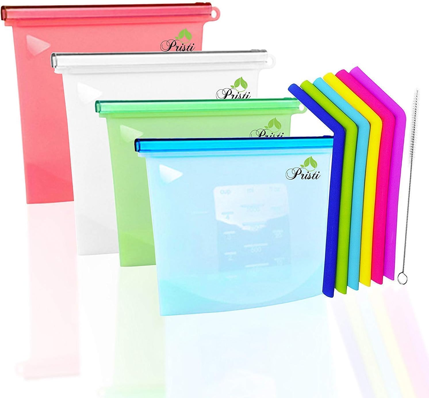 Reusable Silicone Food Storage Preservation Bags and Silicone Straws|Set of 4 Food Grade BPA Free Airtight Seal, Versatile Leak-Proof Silicone Bags & 6 Reusable Silicone Straws & Brush