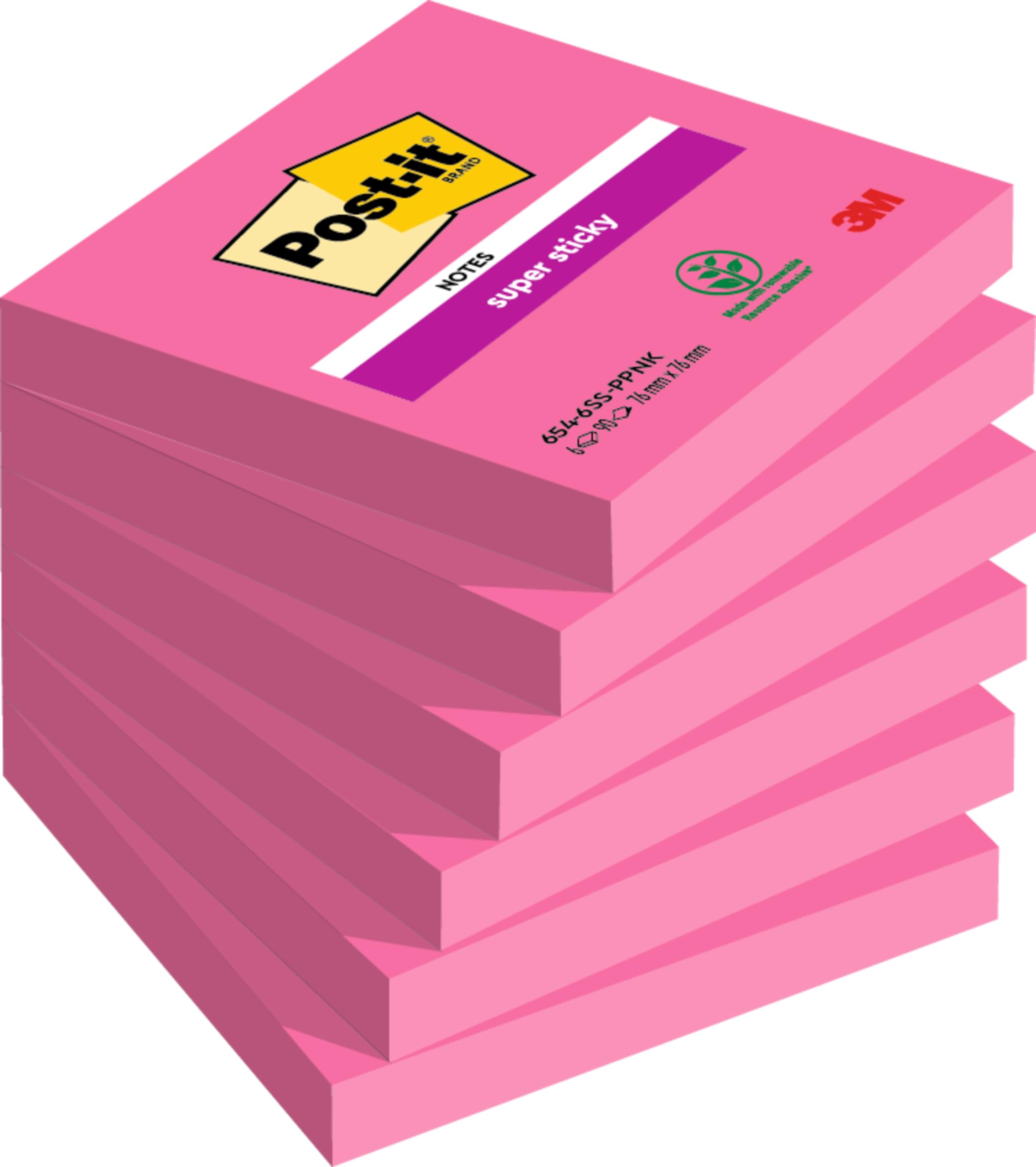 Post-it Super Sticky Notes, 540 Sheets, Pack of 6 Pads, 76 mm x 76 mm - Holds Strong to Many Surfaces - Pink - For Walls, Monitors and Fridge, Recycable