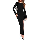 Lazysmile Fall Dresses for Women Long Sleeve Mock Neck Buckle Back Backless Bodycon Split Cocktail Wedding Guest Long Dress