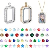 PH PandaHall Golden Locket Necklace Charm Platinum Floating Pendant Rectangle Memory Pendants Glass Locket Pendant with Heart Flower Glass Cabochon for DIY Wedding Necklace Jewelry(Without Chain)