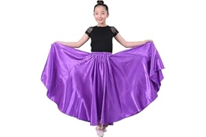 AUMULEN Girls Satin Full Circle Ankle Length Swing Long Skirt Belly Dance Performance Costume for School Children 8-12 Years