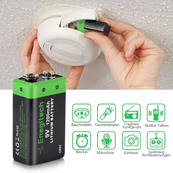 eneg ITECH batería de 9 V Bloque batería Litio 1200 mAh fotográfico batería no Recargables para detectores de Humo, Medidor de Gas, Leuchten, ...