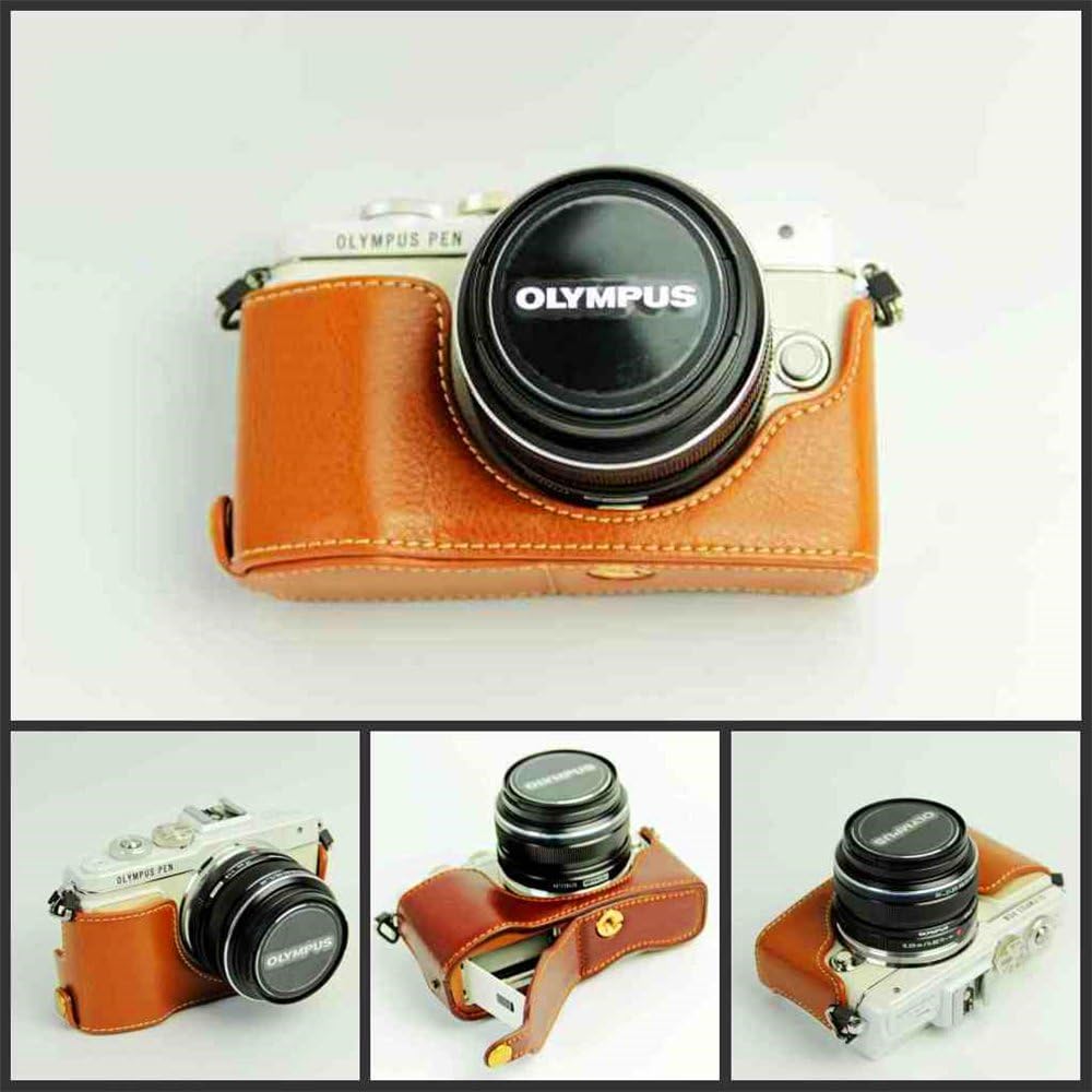 E-PL7 Camera Case, Zakao Genuine Real Leather Half Bottom Opening Version Holster Camera Case With Hand Strap Protective Cover Bag Case for Olympus PEN E-PL7 (Brown)