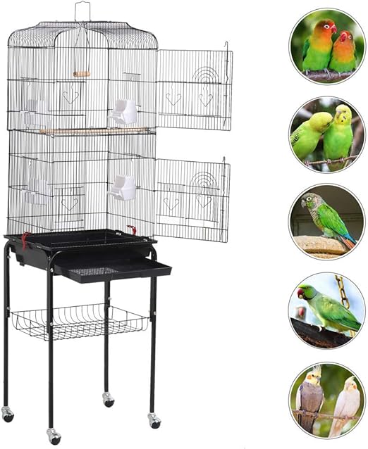 Yaheetech Cage à Oiseaux Sur Pied Volière Pour Perroquet Perruches Canaris Calopsitte élégante 4 Mangeoires 3 Perchoirs 1506cm De Haut