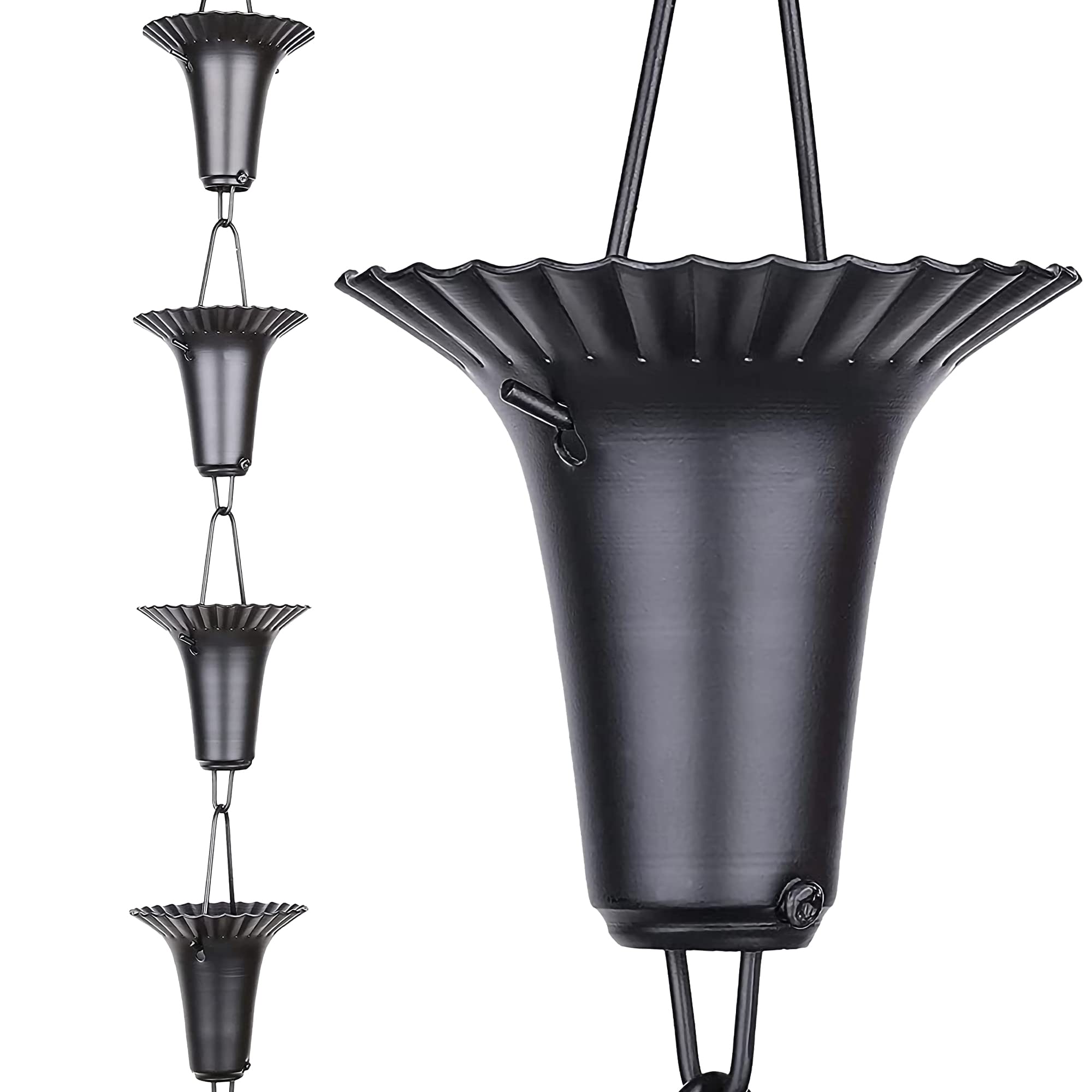 Photo 1 of Rain Chains Pacific - Fluted Cup Rain Chain 8.5 Ft.- Black Powder-Coated Aluminum - Functional and Decorative Replacement for Gutter Downspouts - Premium Rain Chains for Gutter
