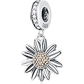 Daisy Flower Dangle Charms fits Pandora Valentines Day Bracelet, Antique 925 Sterling Silver Sparkle Sunflower Blossom CZ Pendant Beads, Floral Gift for Wife/Couple