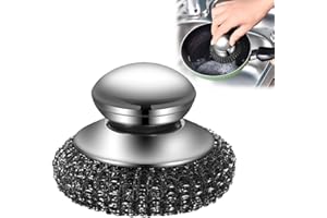JIEXILY 2025 New Stainless Steel Wool Scrubber with Handle, Heavy Duty Scrubber Detachable Metal Steel Scrubber Wool Pads for Cleaning Dishes, Cast Iron Pots, Stoves, Kitchen Sink (1 Pcs)