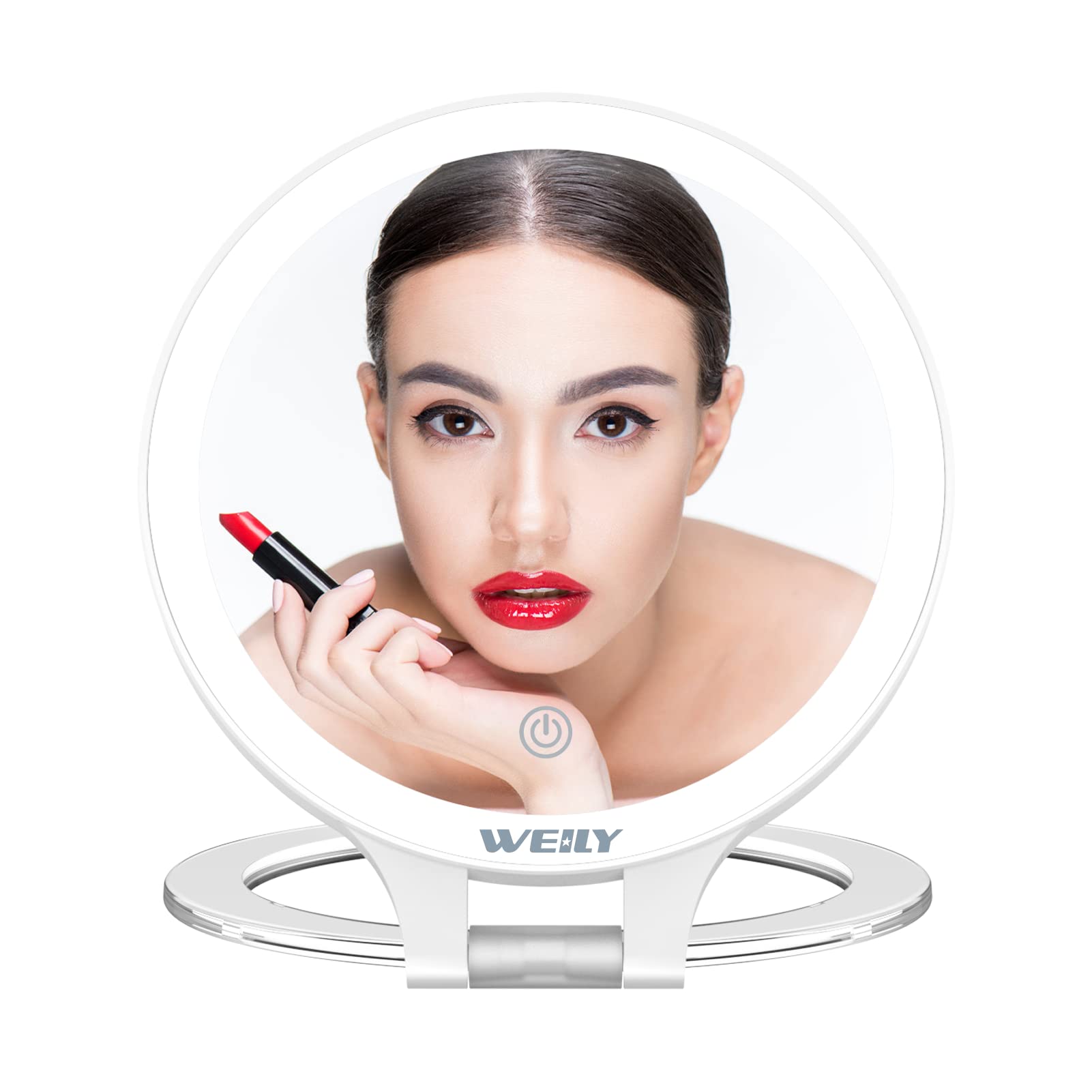 WEILY Magnifying Mirror with Lights 10X/1X, Double Sided Travel Mirror with 3 Color Adjustable Lights, Rechargeable LED Makeup for Make up, Blackhead and Comedone Removal (White) — image 1