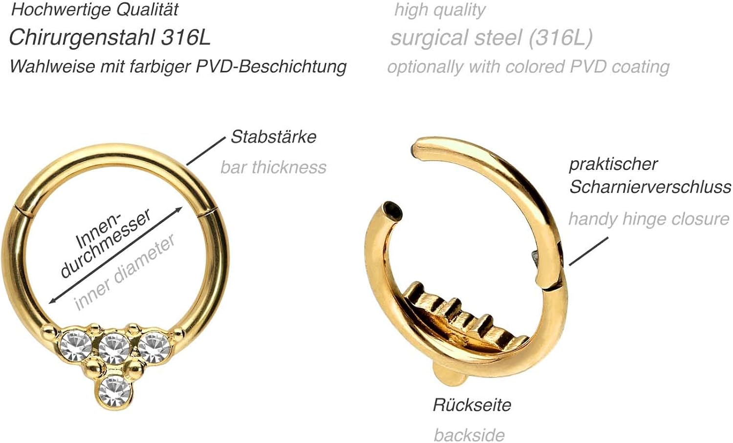 PIERCINGLINE segment ring clicker with 4 crystals made of surgical steel - piercing for ear septum, tragus or helix in black colour - Image 5