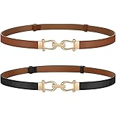 JASGOOD 2 Pack Women’s Thin Belts Pu Leather Adjustable Skinny Waist Belts for Jeans Pants Dresses with Gold Buckle