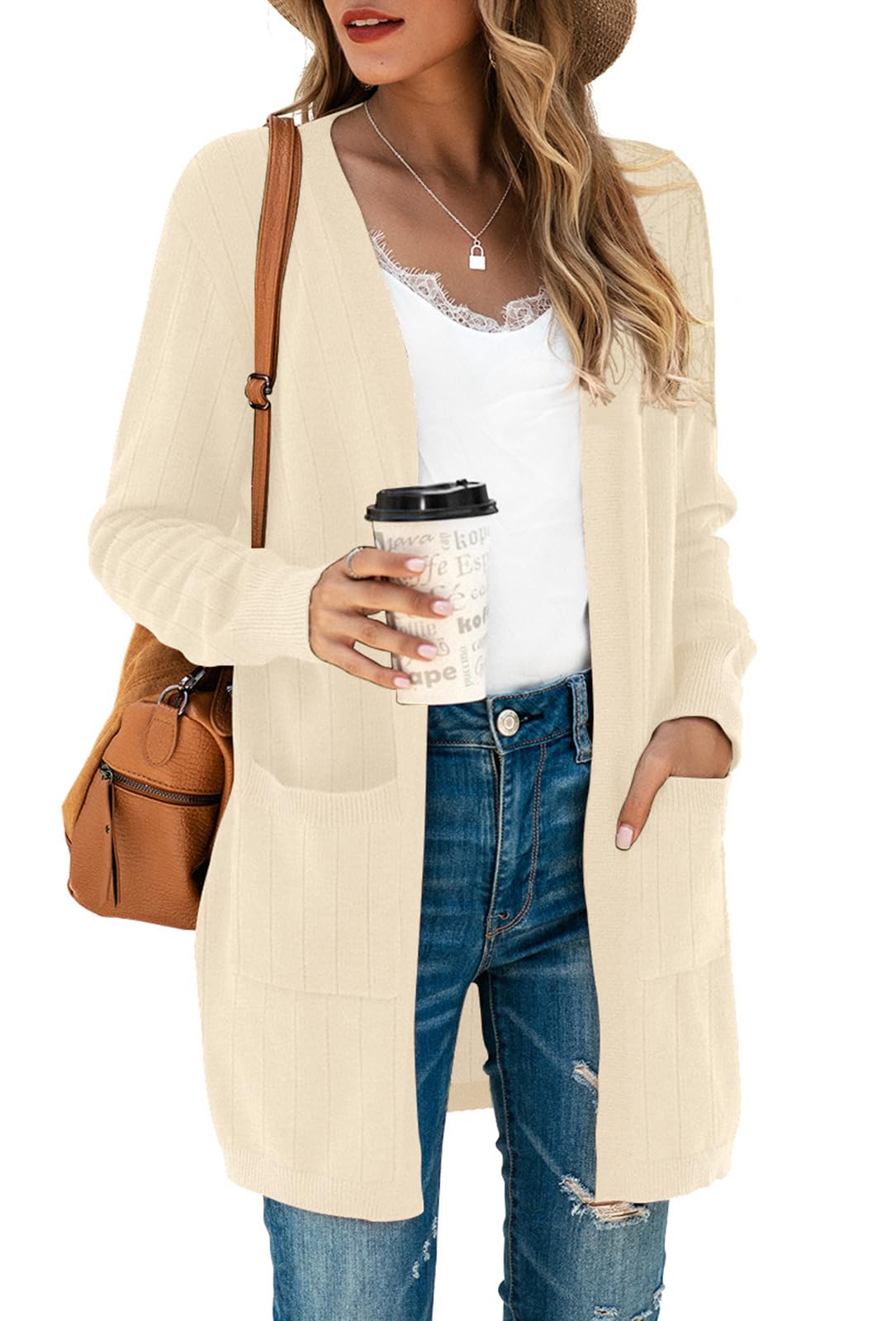 TASAMO Women's Long Sleeve Pocket Multiple Color Knit Ribbed Neckline Cardigans (Small,Thread Knitted- Beige) Image