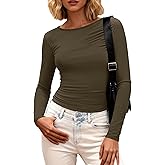 BTFBM Womens Tops 2025 Fall Clothes Long Sleeve T Shirts Boat Neck Ruched Slim Fit Casual Stretchy Going Out Outfits