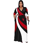 Runwind Plus Size Dresses for Women Floral Maxi Dress Flowy 3/4 Sleeve with Belt