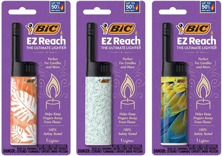 BIC EZ Reach Candle Lighter, The Ultimate Lighter with Wand for Candles, Assorted Designs, 3