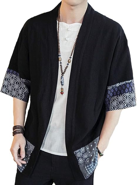 Amazon Co Jp カーディガン 和式 メンズ 裾の和柄がポイント 五分袖 和風 ゆったり 羽織り 着物 ジャケット 作務衣 Heaven Days ヘブンデイズ 1905b1004 服 ファッション小物
