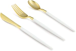 Bestluck 300 PCS White Gold Plastic Utensils for 100 Guests, Gold Disposable Silverware with 100 Knives, 100 Spoons and 100 Forks, BPA Free, Ideal for Weddings, Birthdays & Party